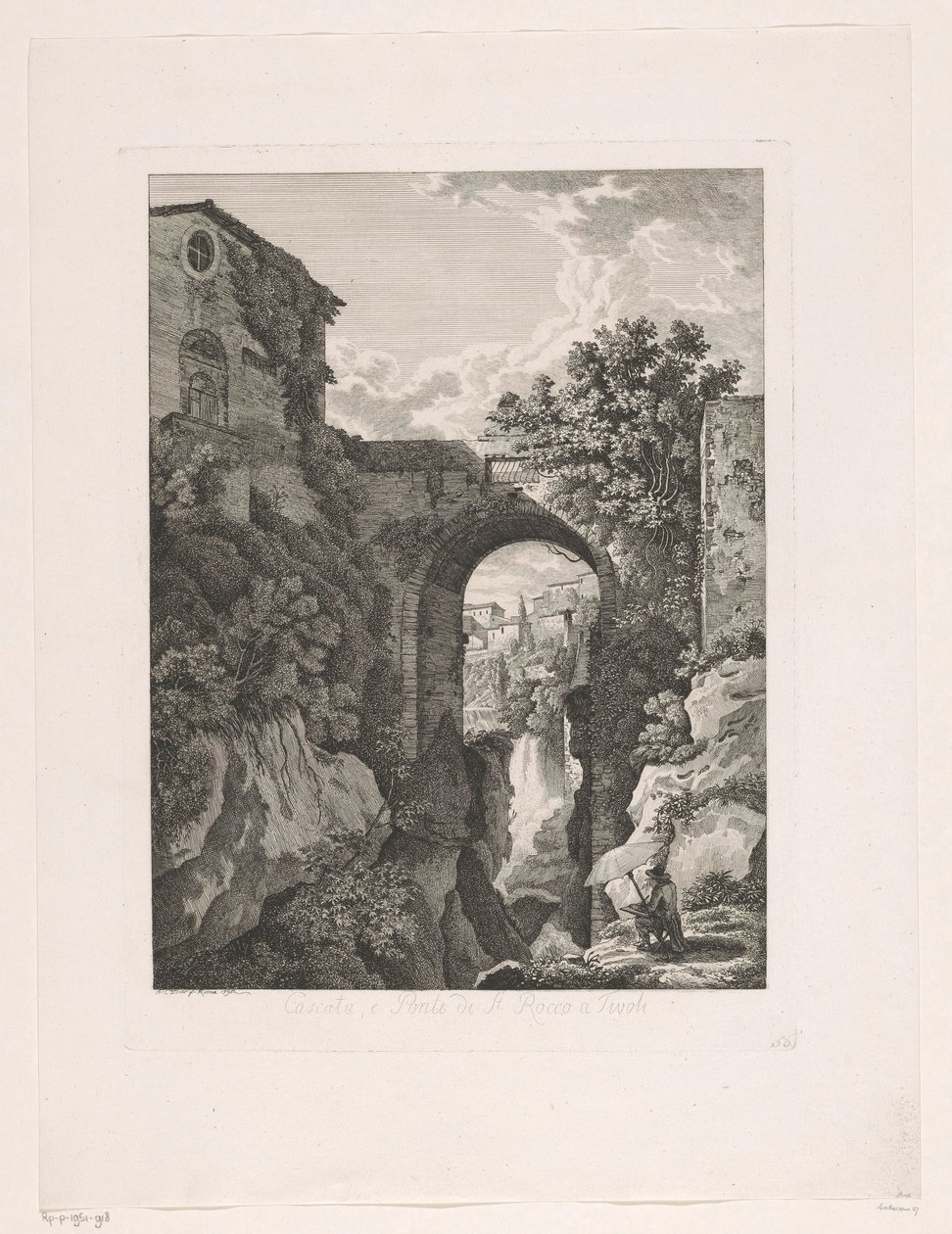 Vodopád poblíž mostu San Rocco v Tivoli Cascata, e Ponte di St. Rocco a Tivoli (název na objektu) Malebné leptané brožury z Itálie (název série) od Albert Christoph Dies