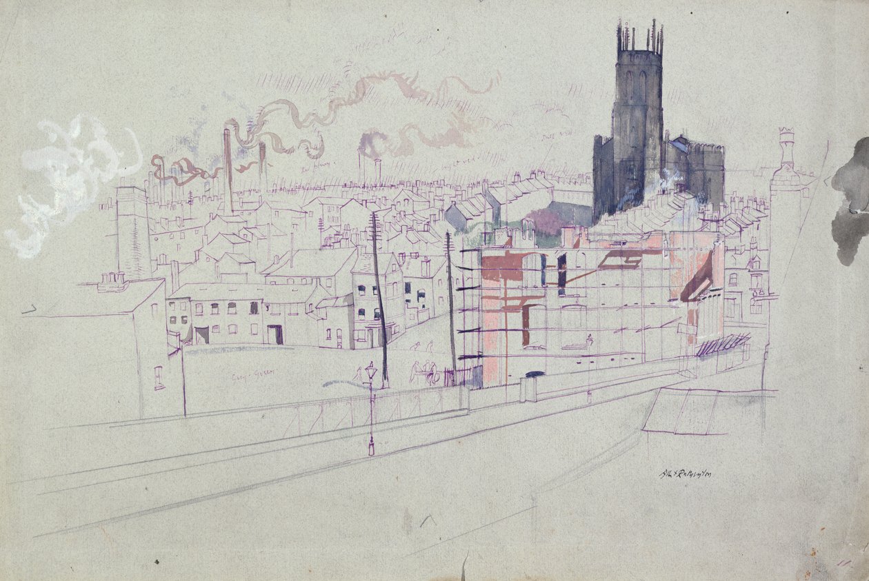 Průmyslové město (Leeds) (tužka, tuš a akvarel na papíře) od Albert Daniel Rutherston
