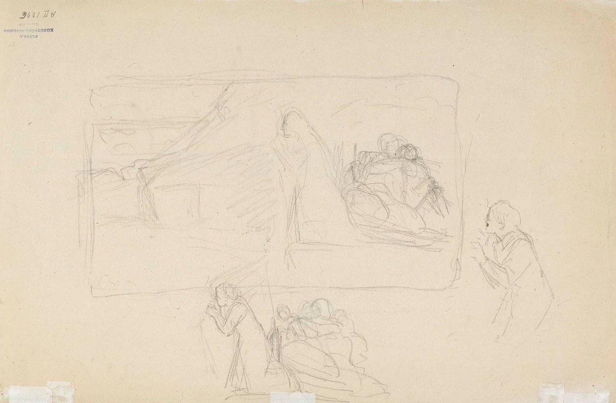 Vypálená vesnice, skica od Albert Edelfelt