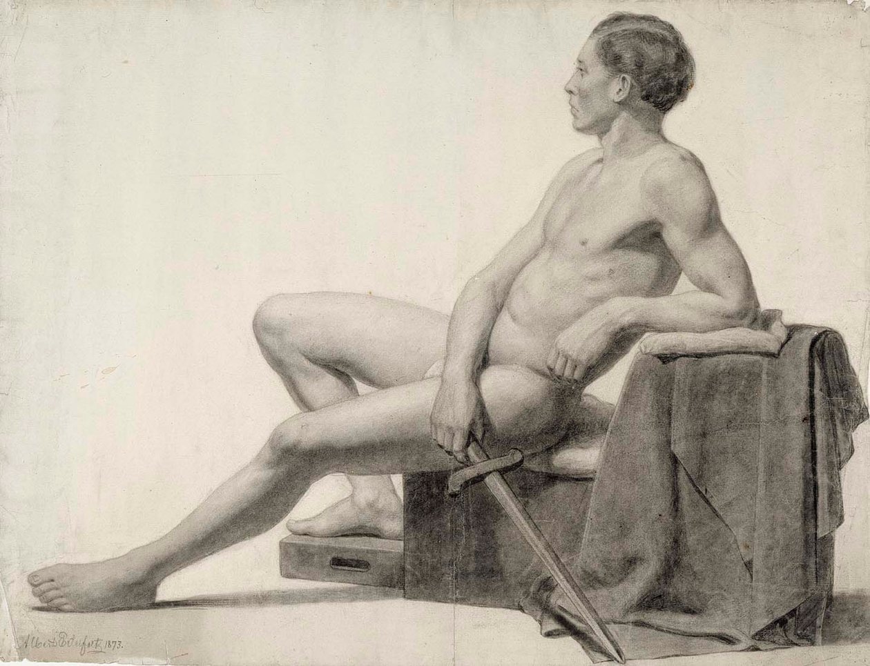 Sedící mužský model držící meč, akademická studie od Albert Edelfelt