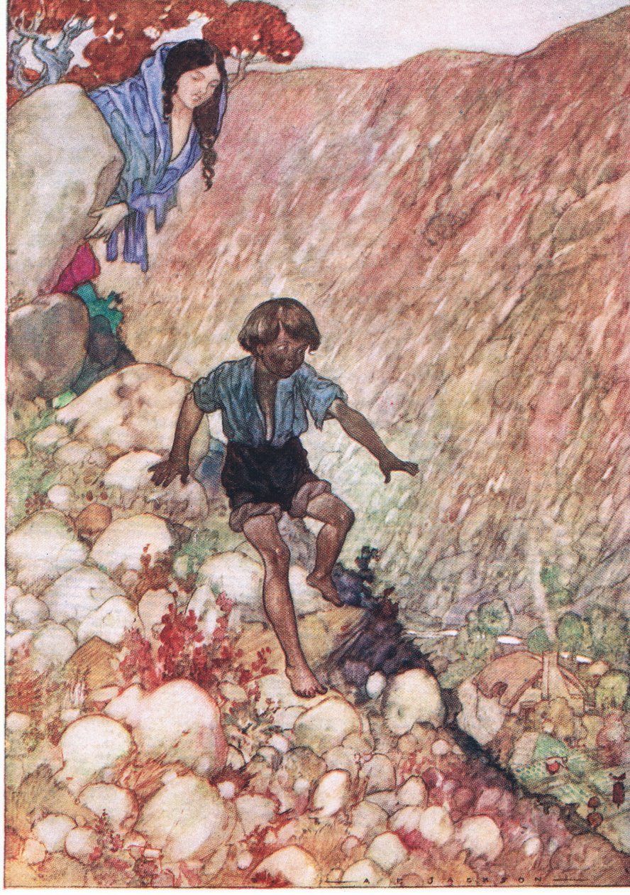 Šel dolů jako ten statečný mužíček z hospody The Water Babies. Humphrey Milford Oxford University Press, kolem roku 1930 (barevné lito) od Albert Edward Jackson