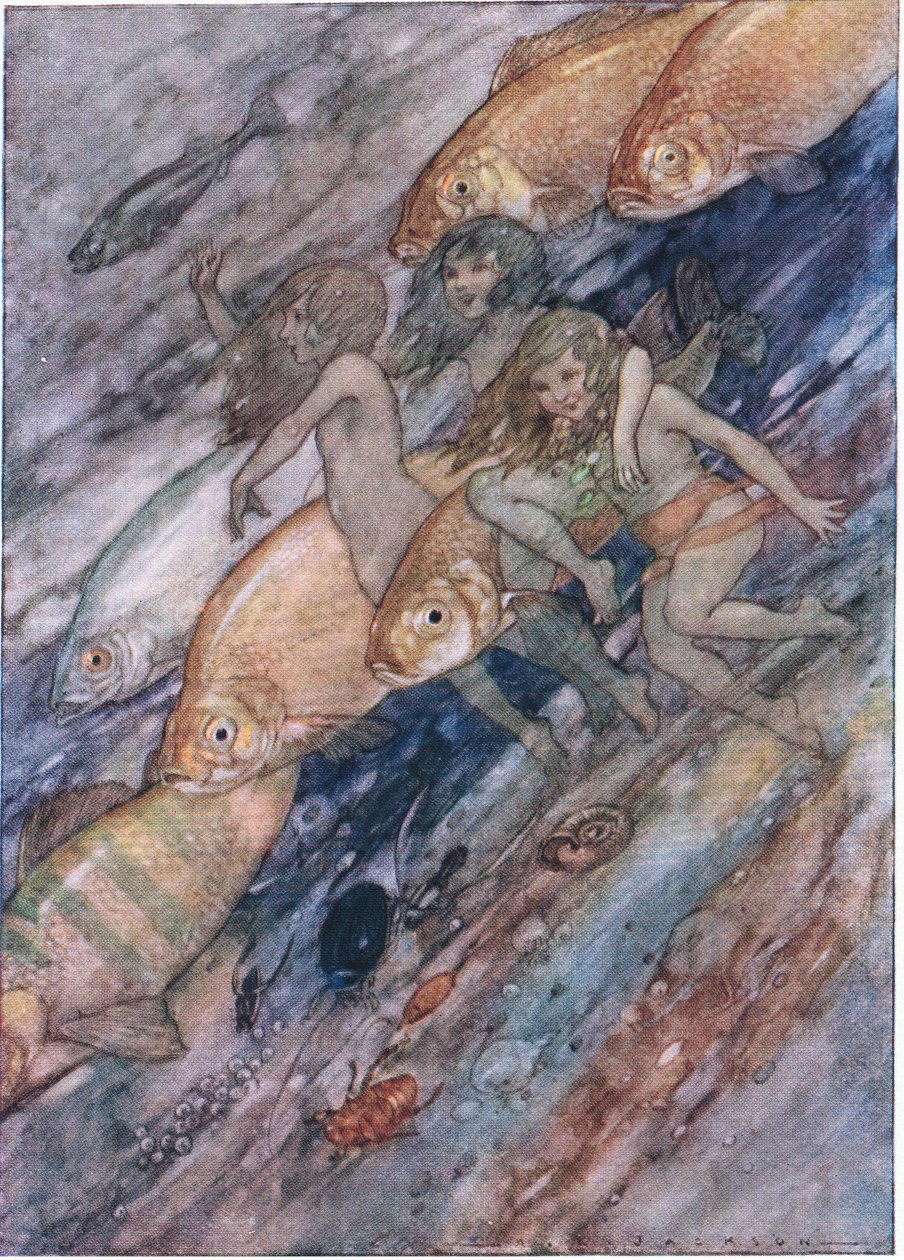 Dolů k moři, dolů k moři, z hospody The Water Babies. Humphrey Milford Oxford University Press, kolem roku 1930 (barevné lito) od Albert Edward Jackson