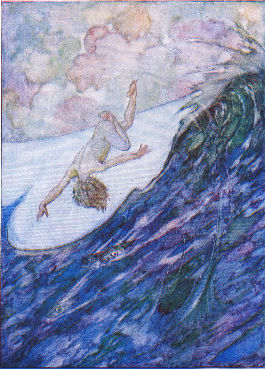 Vydal tři lodě z vody, yard vysoké a bezhlavě, z hospody The Water Babies. Humphrey Milford Oxford University Press, kolem roku 1930 (barevné litho) od Albert Edward Jackson