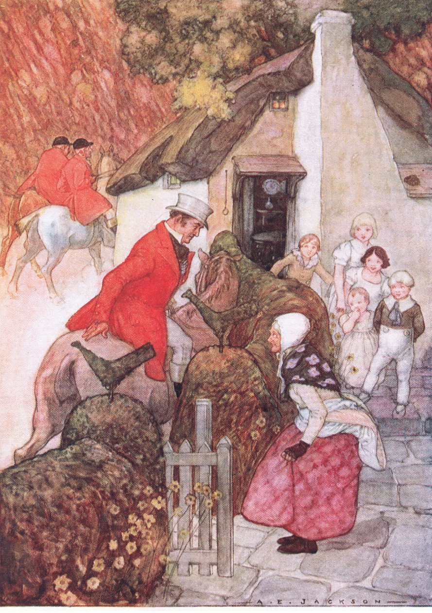 Když uviděla Sira Johna, udělala velmi nízké pukrle, z hospody The Water Babies. Humphrey Milford Oxford University Press, kolem roku 1930 (barevné lito) od Albert Edward Jackson