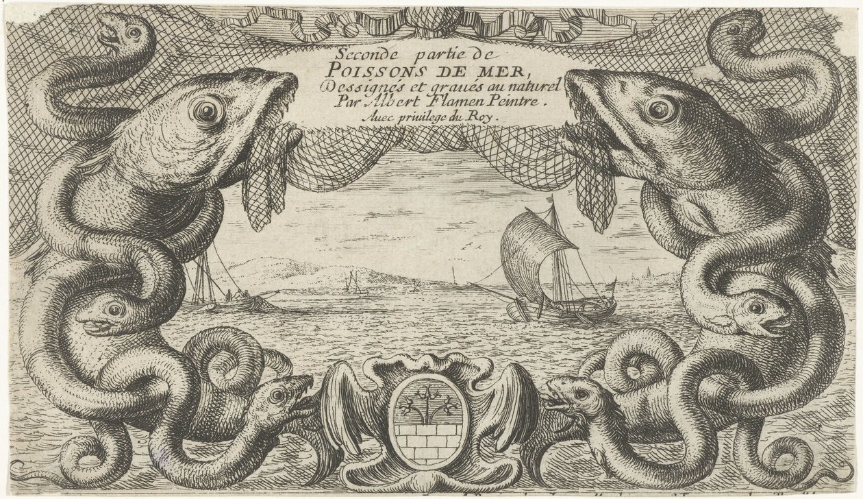 Krajina s okrajem mořských tvorů a rybářské sítě Ryby a další mořští tvorové - slaná voda druhá série (název série) Poissons de mer (název série na objektu) od Albert Flamen