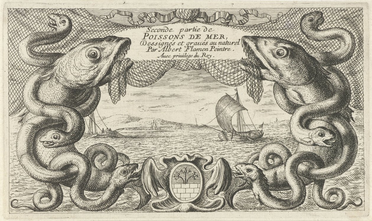 Krajina s okrajem mořských tvorů a rybářské sítě Ryby a další mořští tvorové - slaná voda druhá série (název série) Poissons de mer (název série na objektu) od Albert Flamen