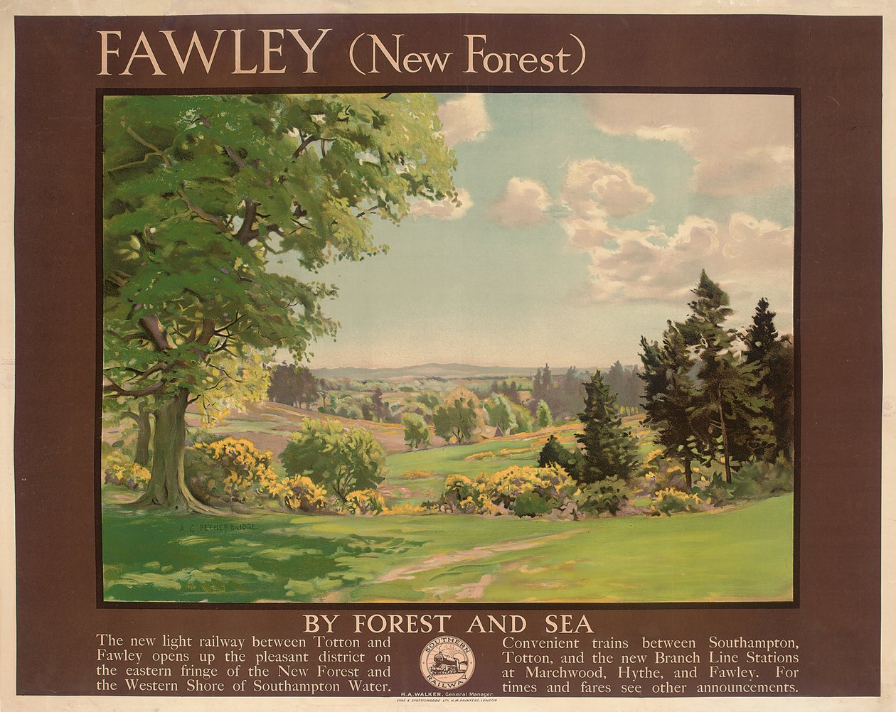 Fawley (New Forest), reklamní plakát Southern Railway (barevné lito) od Albert George Petherbridge