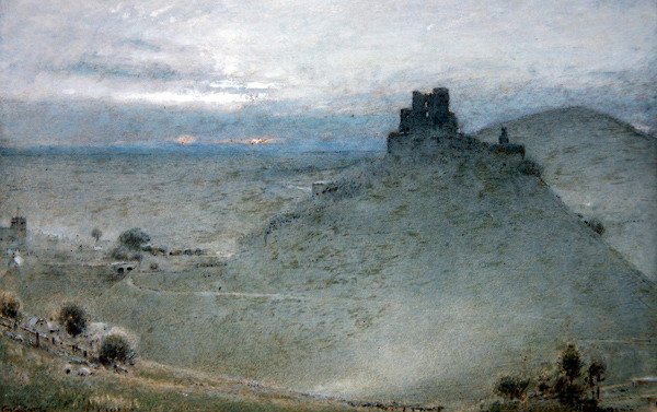 Corfe Castle (pero a tuš s akvarelem a tělovou barvou na papíře) od Albert Goodwin