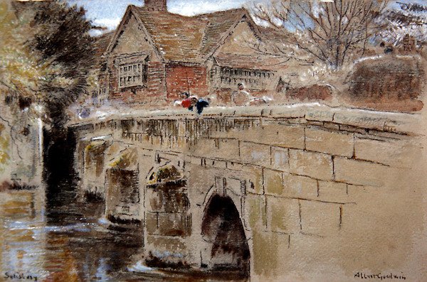 Crane Bridge, Salisbury (pero a inkoust s akvarelem a tělovou barvou na tónovaném papíře) od Albert Goodwin
