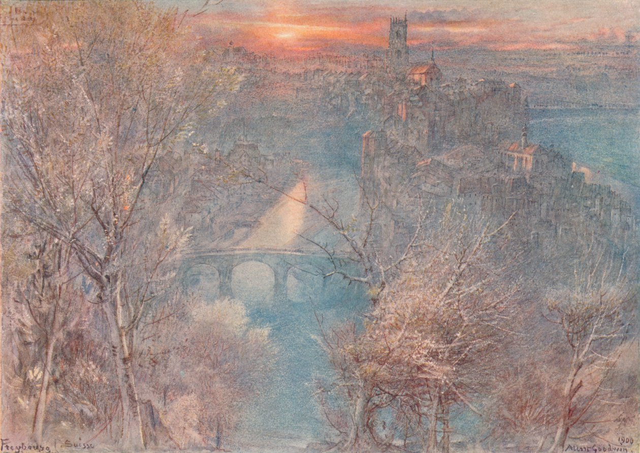 Fribourg, Švýcarsko: Východ slunce, 1900, 1923 od Albert Goodwin