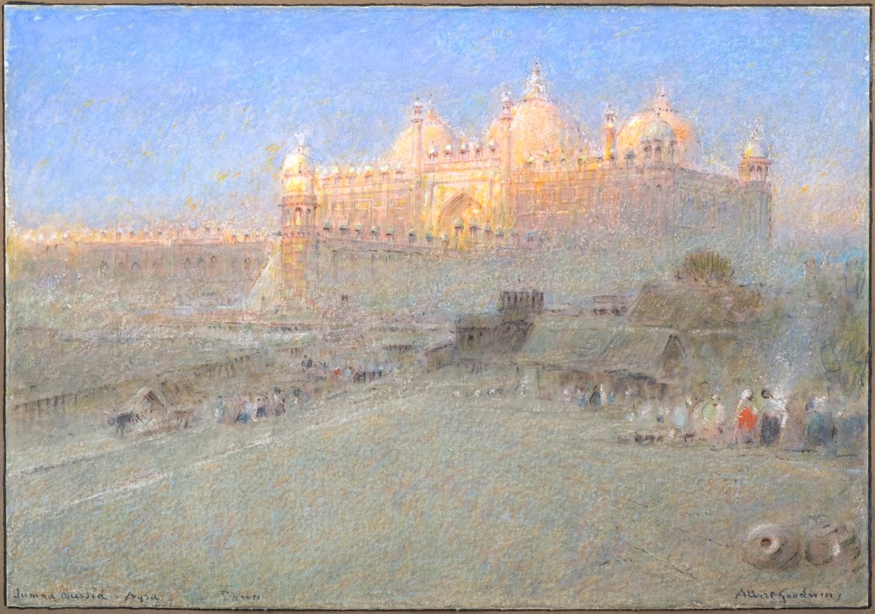 Jumna Musjid, Agra, svítání (akvarel s tělovou barvou a tuší) od Albert Goodwin