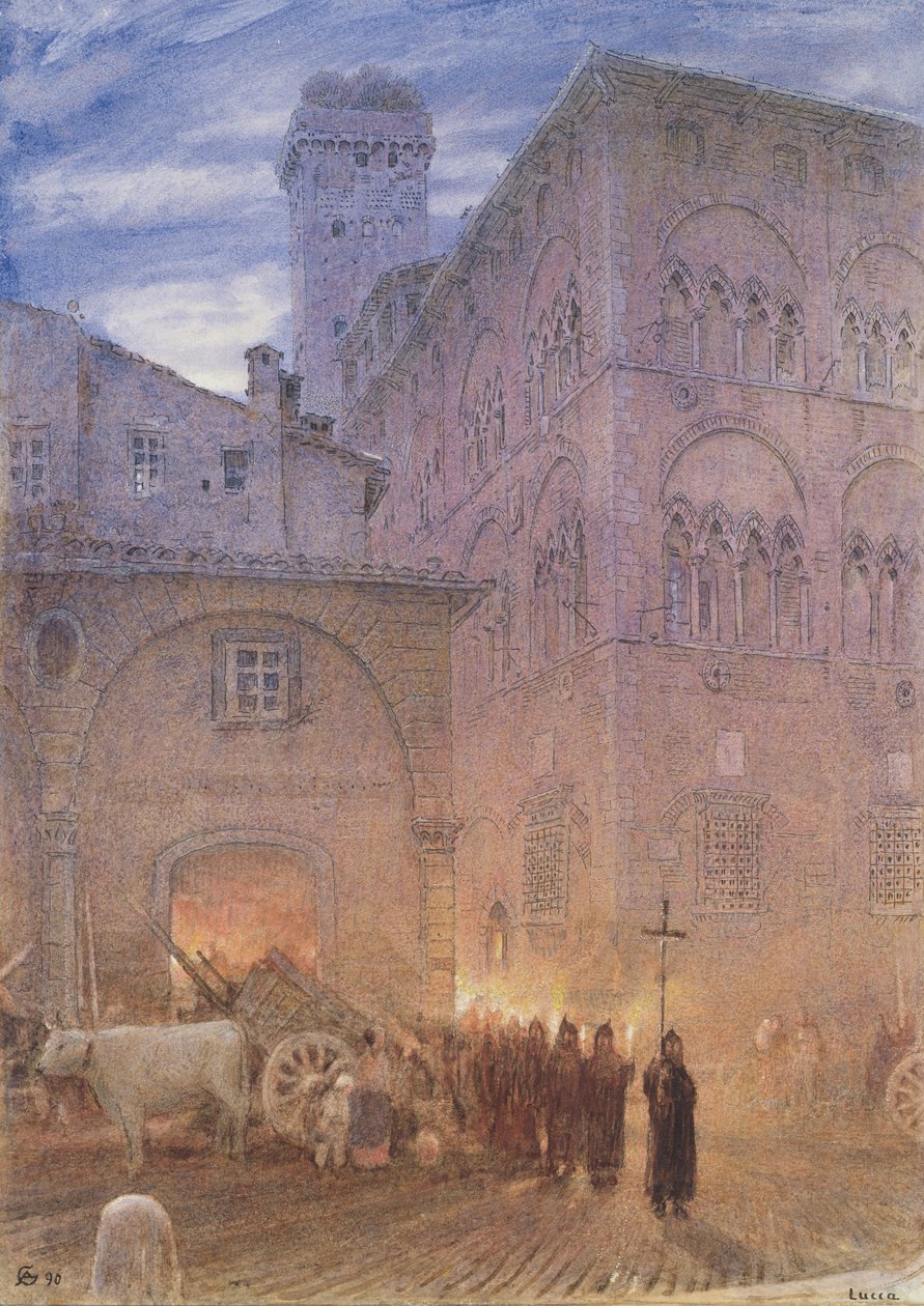 Lucca; Toskánsko; náboženské procesí; vozík; kráva; od Albert Goodwin