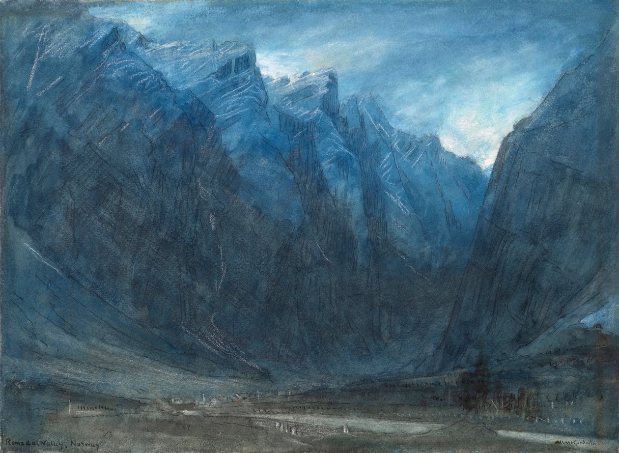 Údolí Romsdal, Norsko (akvarel s tělovou barvou, křídou a tuší) od Albert Goodwin