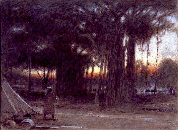 Banyan Trees and the Sentinel (pero a inkoust, akvarel a kvaš) od Albert Goodwin