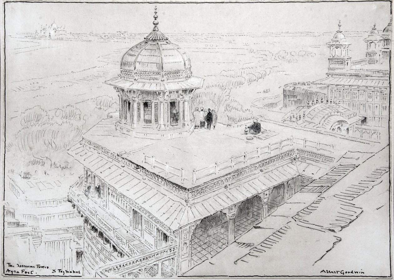 Jasmínová věž, pevnost Agra a Tádž Mahal (kresba) od Albert Goodwin