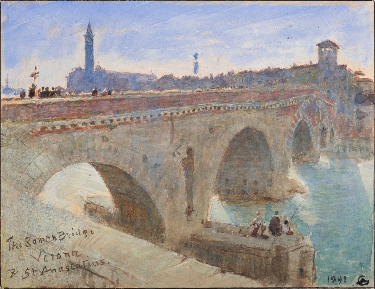 Římský most, Verona a kostel sv. Anastáze od Albert Goodwin