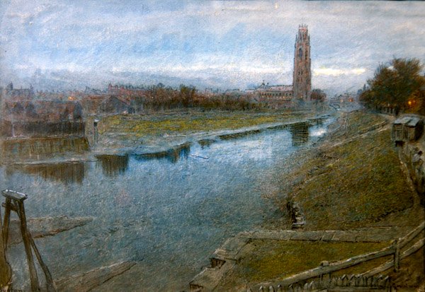 Pohled na Boston, Lincolnshire (tužka, pero a inkoust a akvarel na papíře) od Albert Goodwin