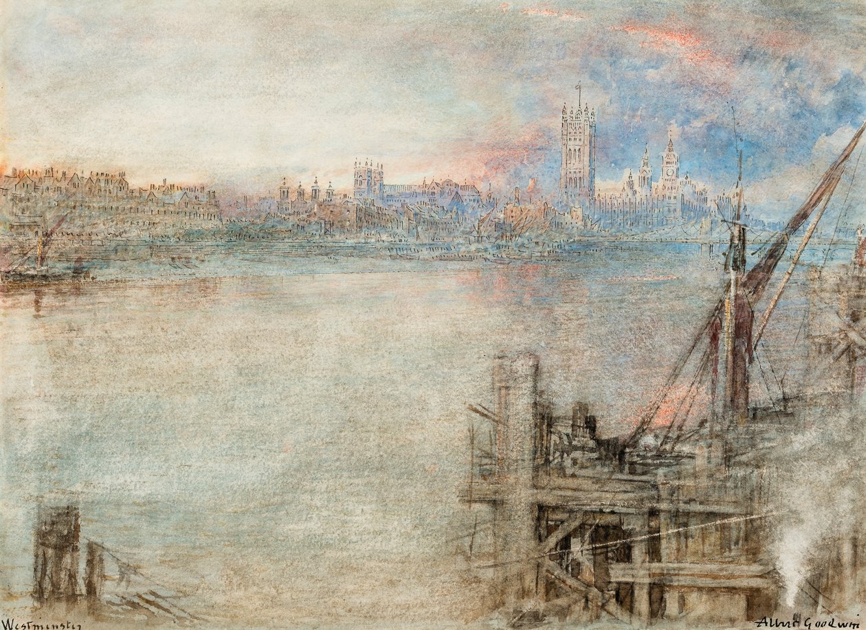 Westminster s budovou parlamentu při západu slunce (tužka, černý inkoust a akvarel se škrábanci na papíře) od Albert Goodwin