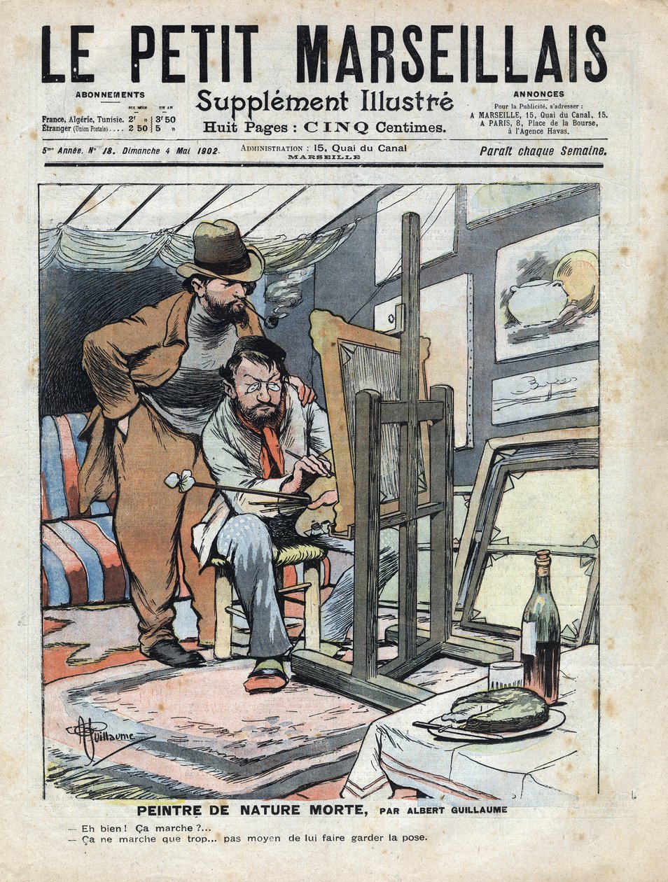 Malíř v podkroví maluje zátiší, láhev vína a dort použitý jako model nestojí. Ilustrace Albert Guillaume (1873-1942) z „“Le petit Marseillais““ 4.5.1902 od Albert Guillaume