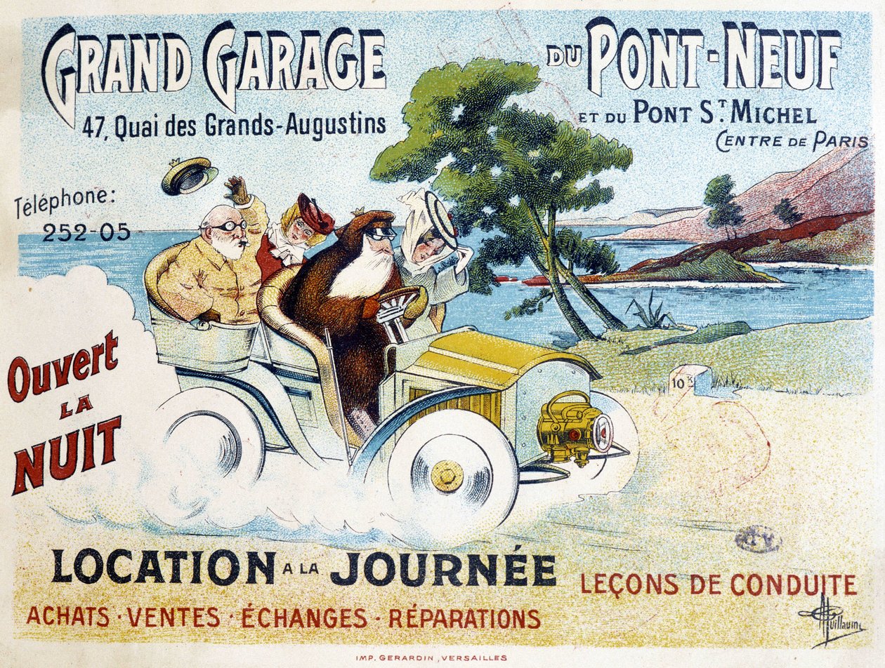 Grand Garage du Pont-Neuf: pronájem, lekce jízdy, nákup, prodej, opravy - Reklamní plakát Alberta Guillauma (1873-1942), cca 1900 od Albert Guillaume