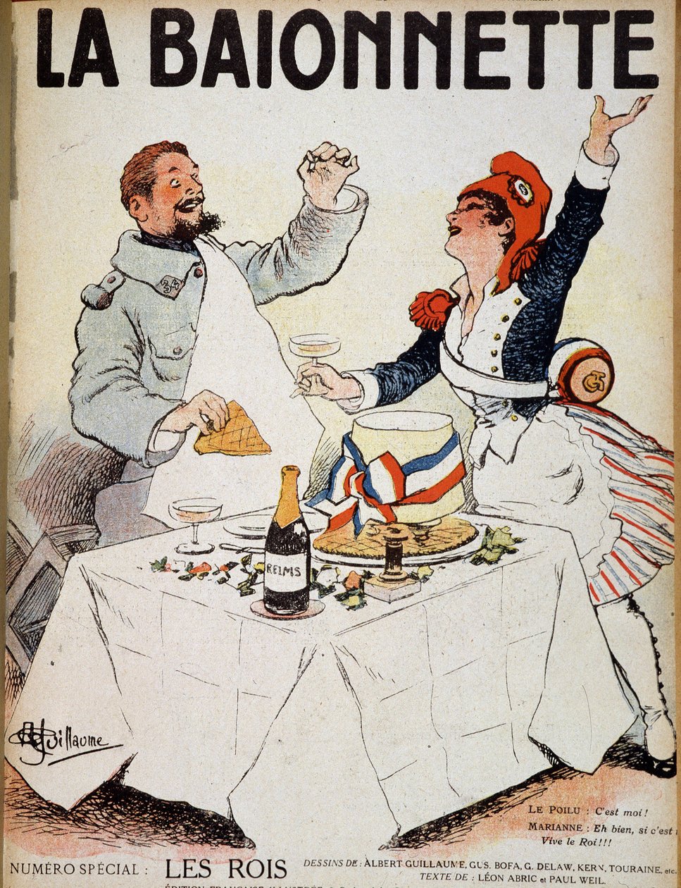 Králové (Marianne a chlupatý muž cinkají sklenicemi kolem dortu) - v „“La Baionnette“, kresba Alberta Guillauma (1873-1942) n. d. (20. století) od Albert Guillaume