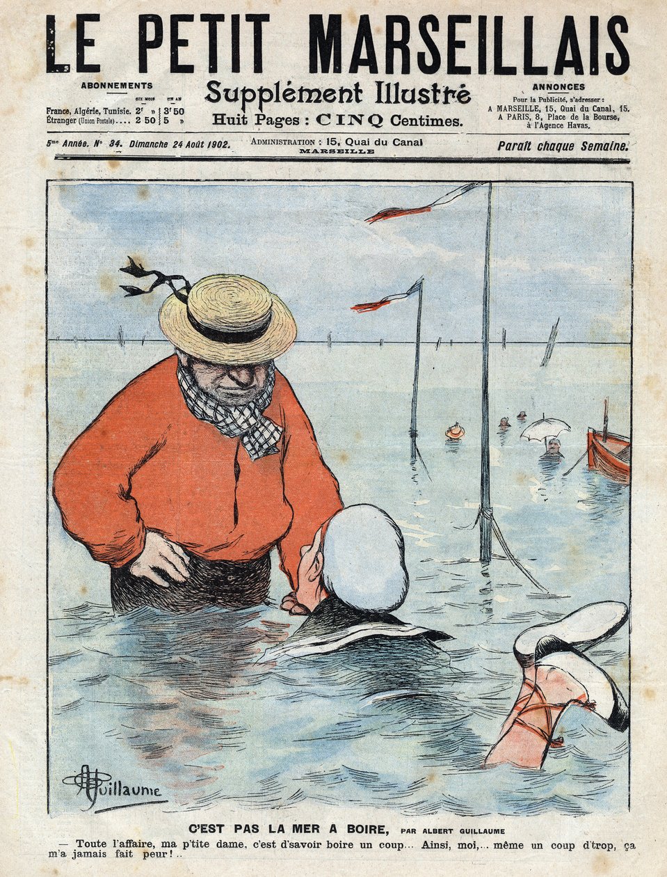 Malá komiksová scéna zobrazující dámu, která se učí plavat pod očima jiného plavce, milovníka pití. Ilustrace Albert Guillaume z „“Le petit Marseillais““ 24.8.1902 od Albert Guillaume