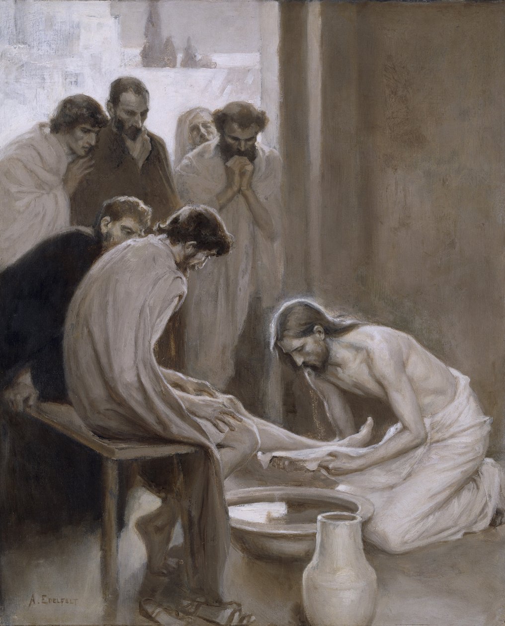 Ježíš umývá nohy učedníkům, 1898 (olej a grisaille na papíře) od Albert Gustaf Aristides Edelfelt