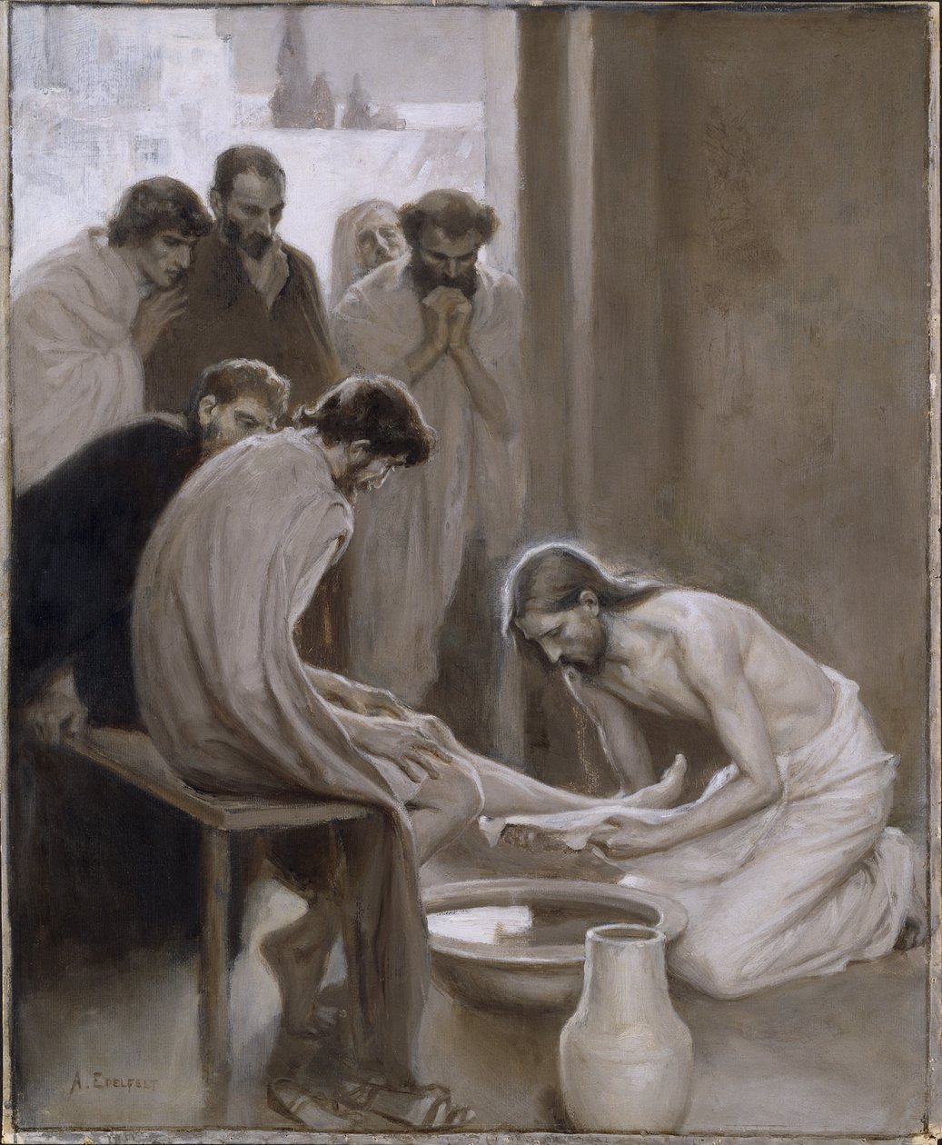 Kristus umývá nohy svým učedníkům - Kristus umývá nohy učedníkům, Edelfelt, Albert Gustaf Aristides (1854-1905). Grisaille od Albert Gustaf Aristides Edelfelt