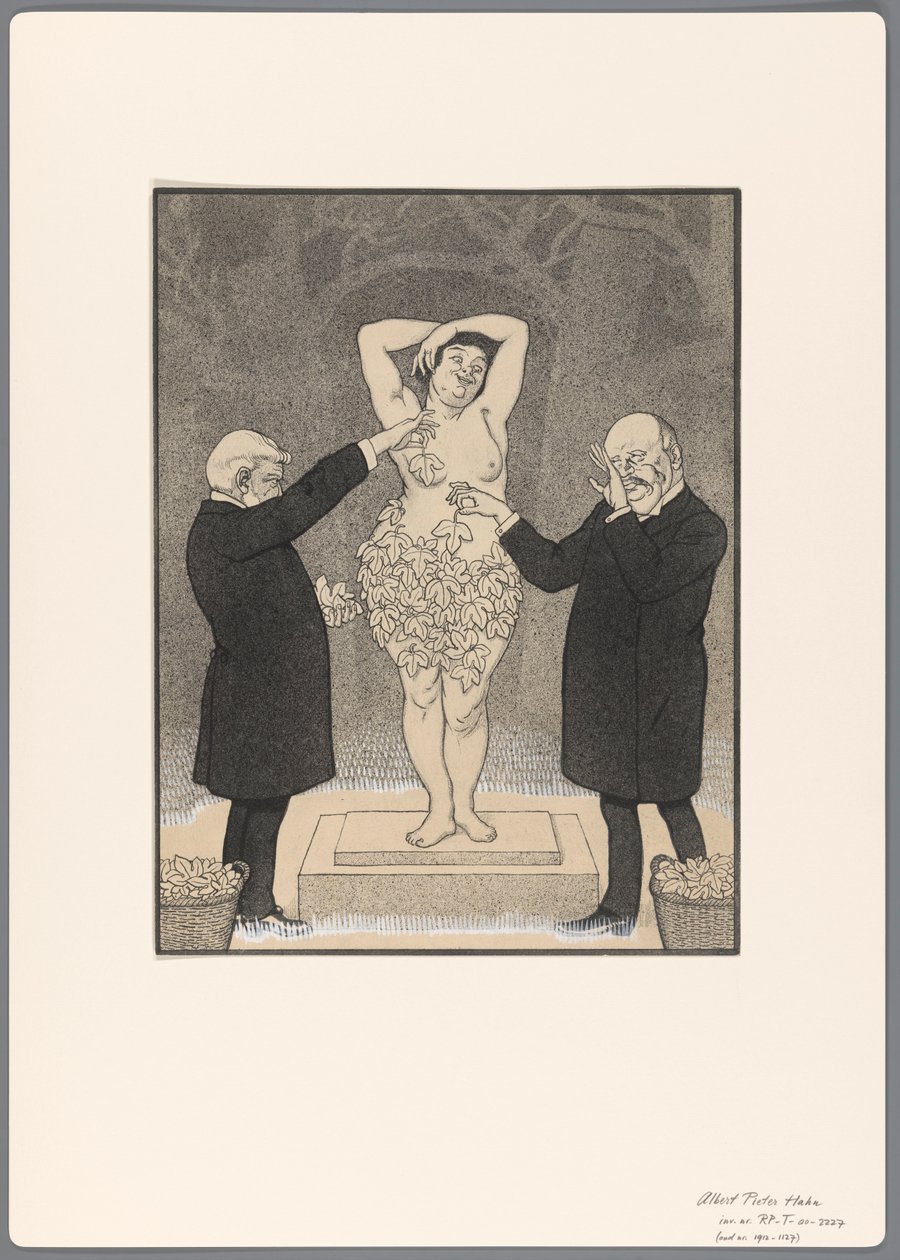 Ontwerp voor een politieke spotprent: twee heren bedekken een staande naakte vrouw met vijgebladeren   1385186   cs       czech Successfully Translated  Original: En v Translat: En v 1331065 cs czech Successfully Translated Original: Russell Translat: Russ od Albert Hahn (I)