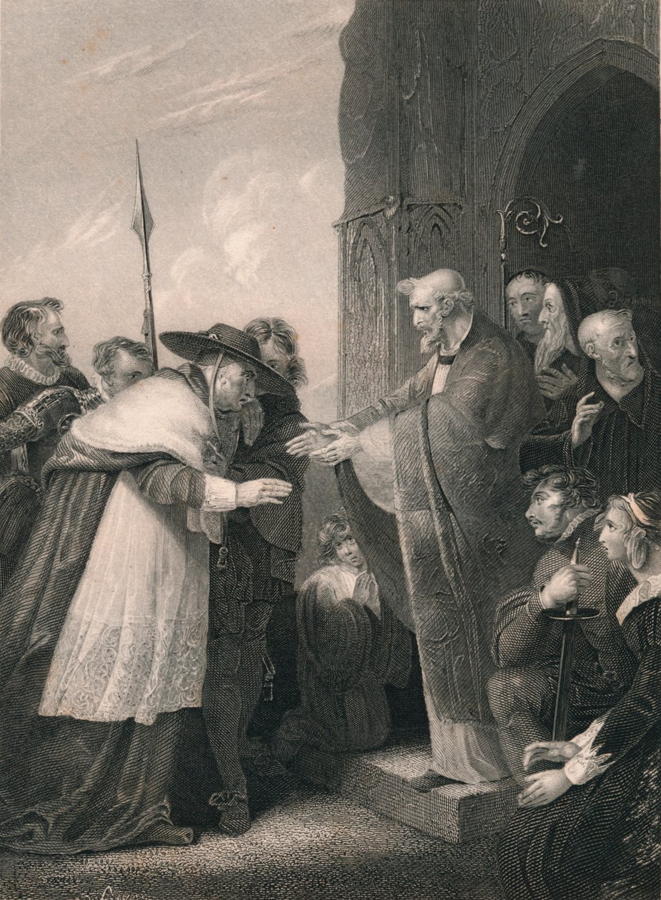 Kardinál Wolsey vstupuje do opatství Leicester, 1530, polovina 19. století. od Albert Henry Payne