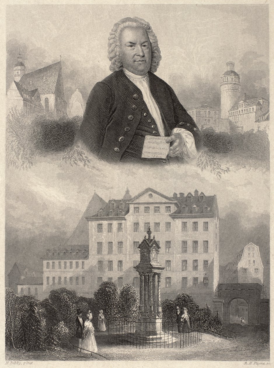 Portrét Johanna Sebastiana Bacha, Bachův pomník a kostel a škola sv. Tomáše v Lipsku, ca. 1860 od Albert Henry Payne