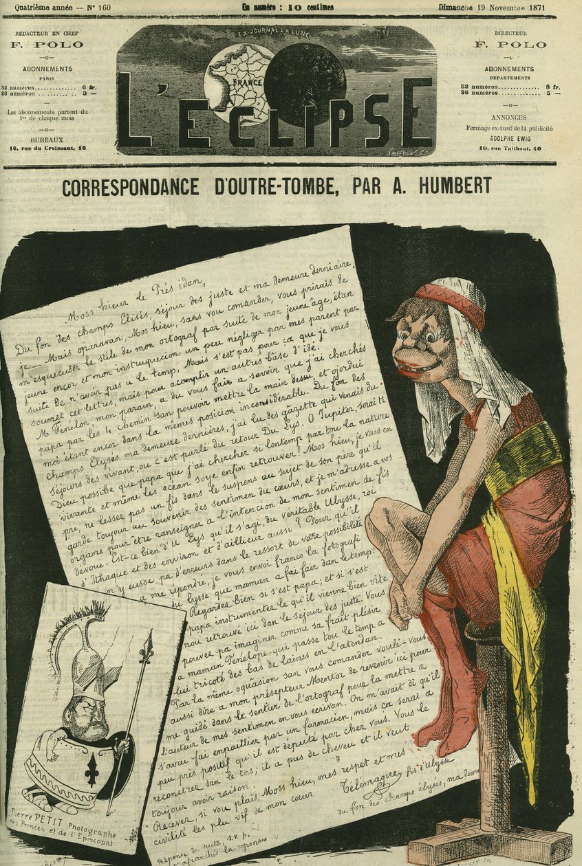 Korespondence ze záhrobí, Telemaque, syn Ulyssese, píšící prezidentovi republiky. Kresba nahrazující karikaturu Gill censure. Obálka “”L