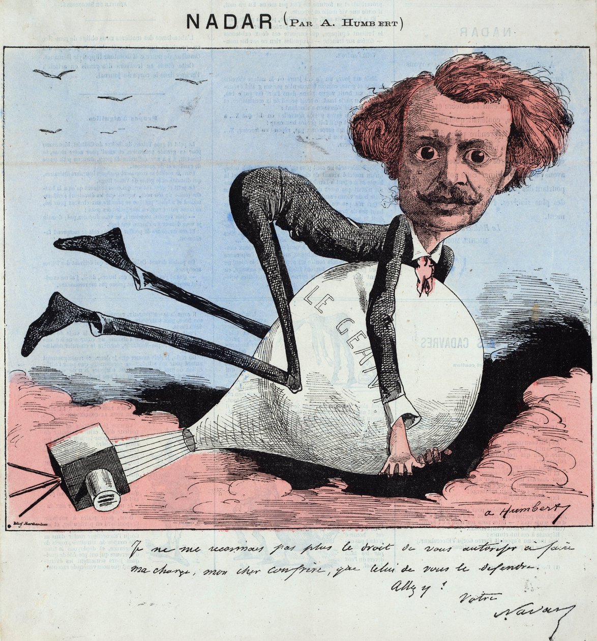 karikatura zobrazující Nadara a jeho horký balón, kolem roku 1863 (litografie) od Albert Humbert