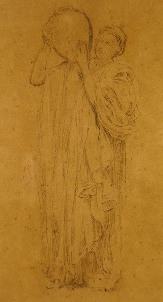Dívka se džbánem, cca 1867 (černobílé křídy na hnědém papíře) od Albert Joseph Moore
