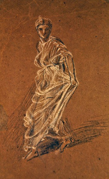 Studie dívky, která vykročila vpřed a měla na sobě dlouhé šaty, kolem roku 1870 (černobílá křída na hnědém papíře) od Albert Joseph Moore