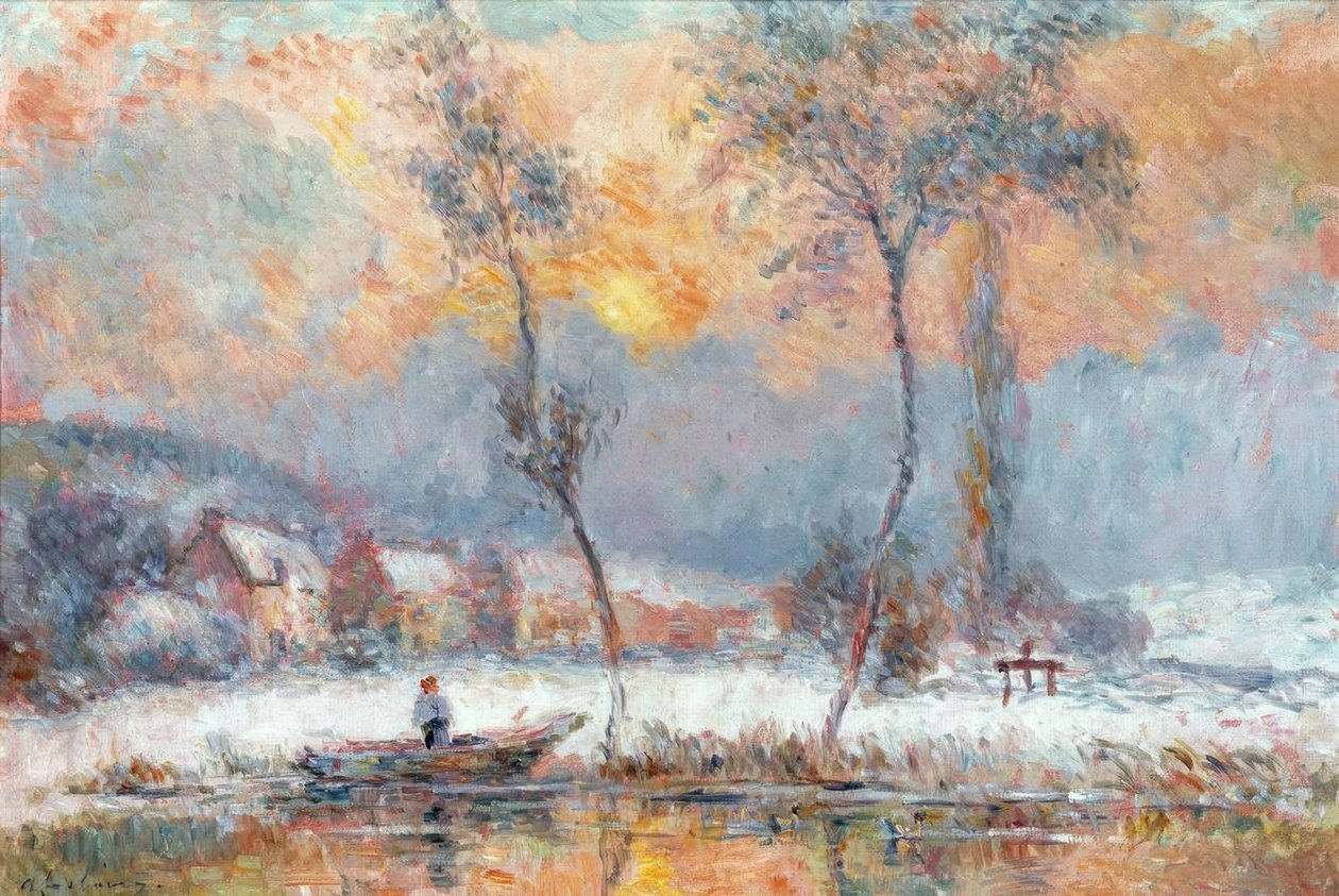 Východ slunce skrz sníh na rybníku Chalou-Moulin od Albert Lebourg