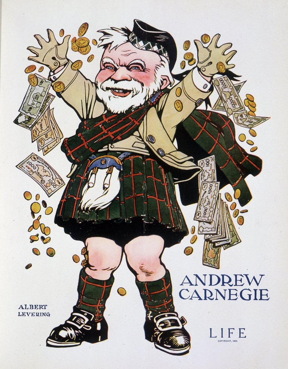 Nábojový portrét Andrewa Carnegieho v kostkovaném obleku a házení peněz - od Alberta Leveringa (1869-1929), ve filmu „Život“ z 13.4.1905 od Albert Levering