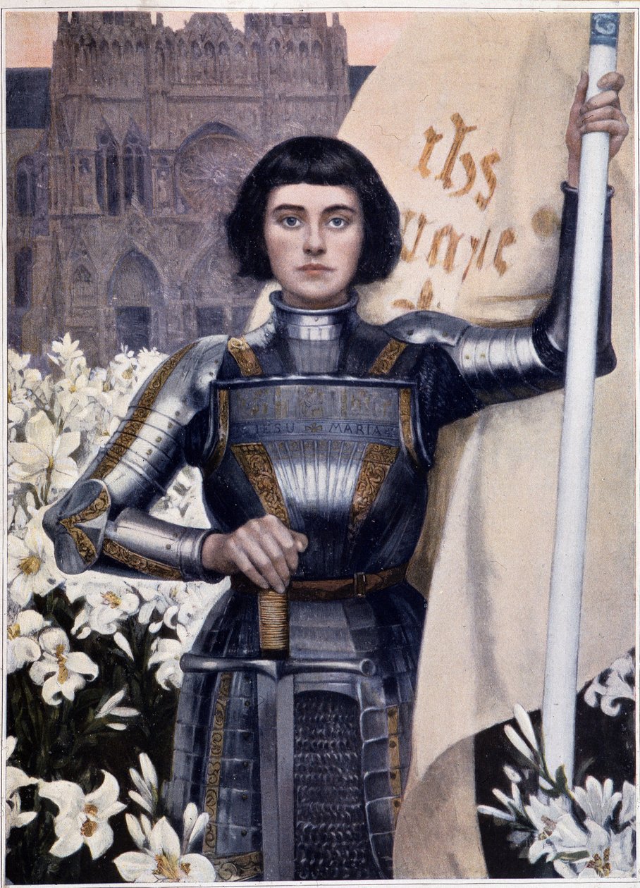 Portrét Johanky z Arku s vlajkou a liliemi na pozadí katedrály Notre Dame od Alberta Lynche od Albert Lynch