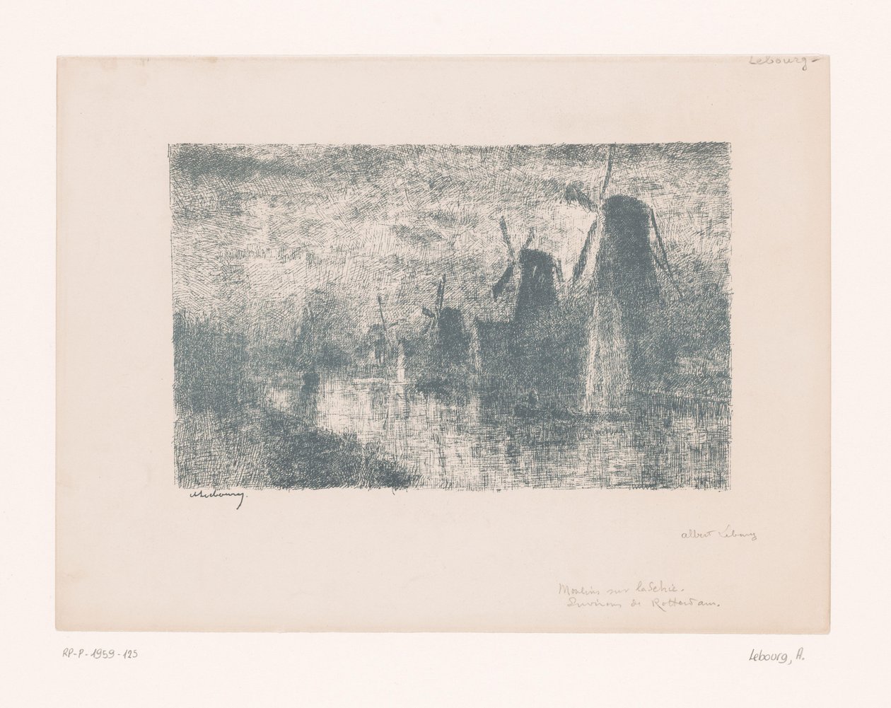Větrné mlýny na Schie poblíž Rotterdamu Moulins sur la Schie (název na objektu) od Albert Marie Lebourg