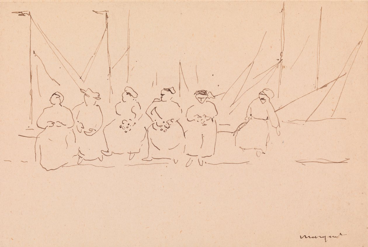 Šest žen na molu (pero a inkoust na papíře) od Albert Marquet