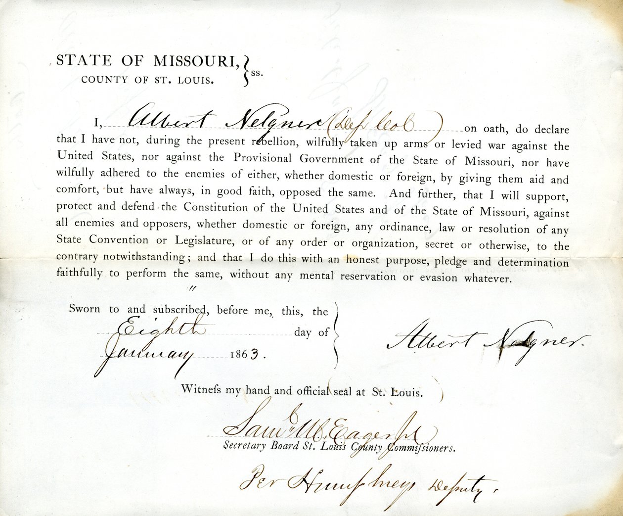 Přísaha věrnosti Alberta Nelgnera z Missouri, hrabství St. Louis od Albert Nelgner