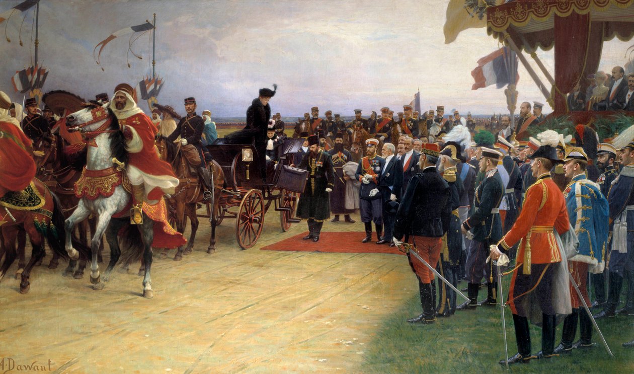 Prezident Emile Loubet (1836-1929) vítá cara Nicholase II. (1868-1918) a Impress Alexandru dne 21. 9. 1901 v Betheny Camp Obraz od Alberta Dawanta (1852-1923) 1905 ne., 09x3,56 m od Albert Pierre Dawant