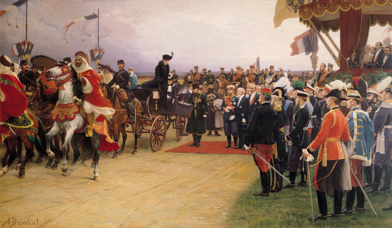 Prezident Emile Loubet (1838-1929) Vítání cara Nicolase II (1868-1917) a carevny Alexandry (1872-1918) v táboře v Betheny, 21. září 1901, r.1905 od Albert Pierre Dawant