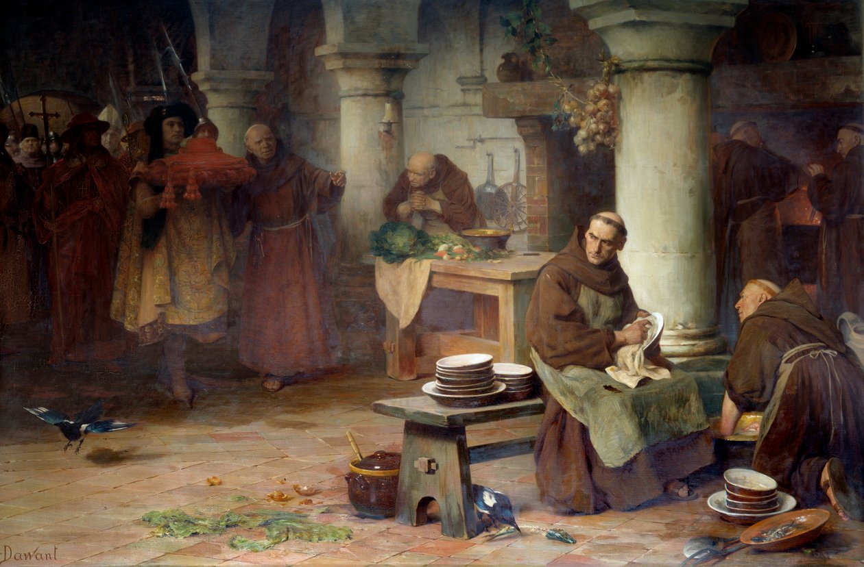 Svatý Bonaventura (San Bonaventura) (1217-1274) přijímá purpurovou kardinálku Vysoký úředník Vatikánu přináší kardinálský bar mnichovi, který se zabývá zvěřinci v opatství. Obraz Alberta Pierra Dawanta (1852-1923) 1897 Ne. 1,4x od Albert Pierre Dawant