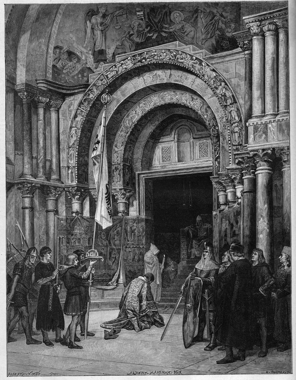 Frederic Barberose u nohou papeže. Císař Fridrich I. z Hohenstaufen (1122-1190) padá na zem před papežem Alexandrem III. (1105-1181), který ho očekává pod branou svatého Marka (San Marco) v Benátkách v roce 1177. Rytina podle obrazu Alberta Maignana (1 od Albert Pierre René (after) Maignan