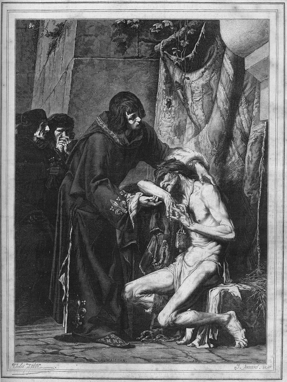 Ludvík IX. utěšoval malomocného: francouzského krále Saint Louis (1214-1270) a nemocného během vypuknutí malomocenství. Rytina z roku 1878 z obrazu Alberta Maignana (1845-1908). od Albert Pierre René (after) Maignan
