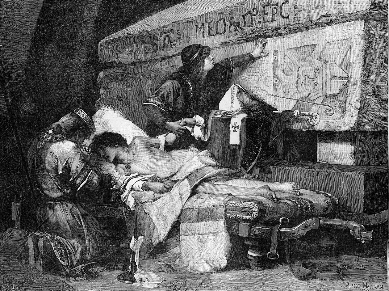Poslední okamžik Chlodoberta (neboli Clodebert zemřel v roce 580). „“ Fredegonde a Chilperic 1. položili svého syna na nosítka ležící poblíž hrobu svatého Medarda, ale nemocný upadl do agónie...“ Rytina podle obrazu Alberta Maignana (1845-1908). E od Albert Pierre Rene Maignan