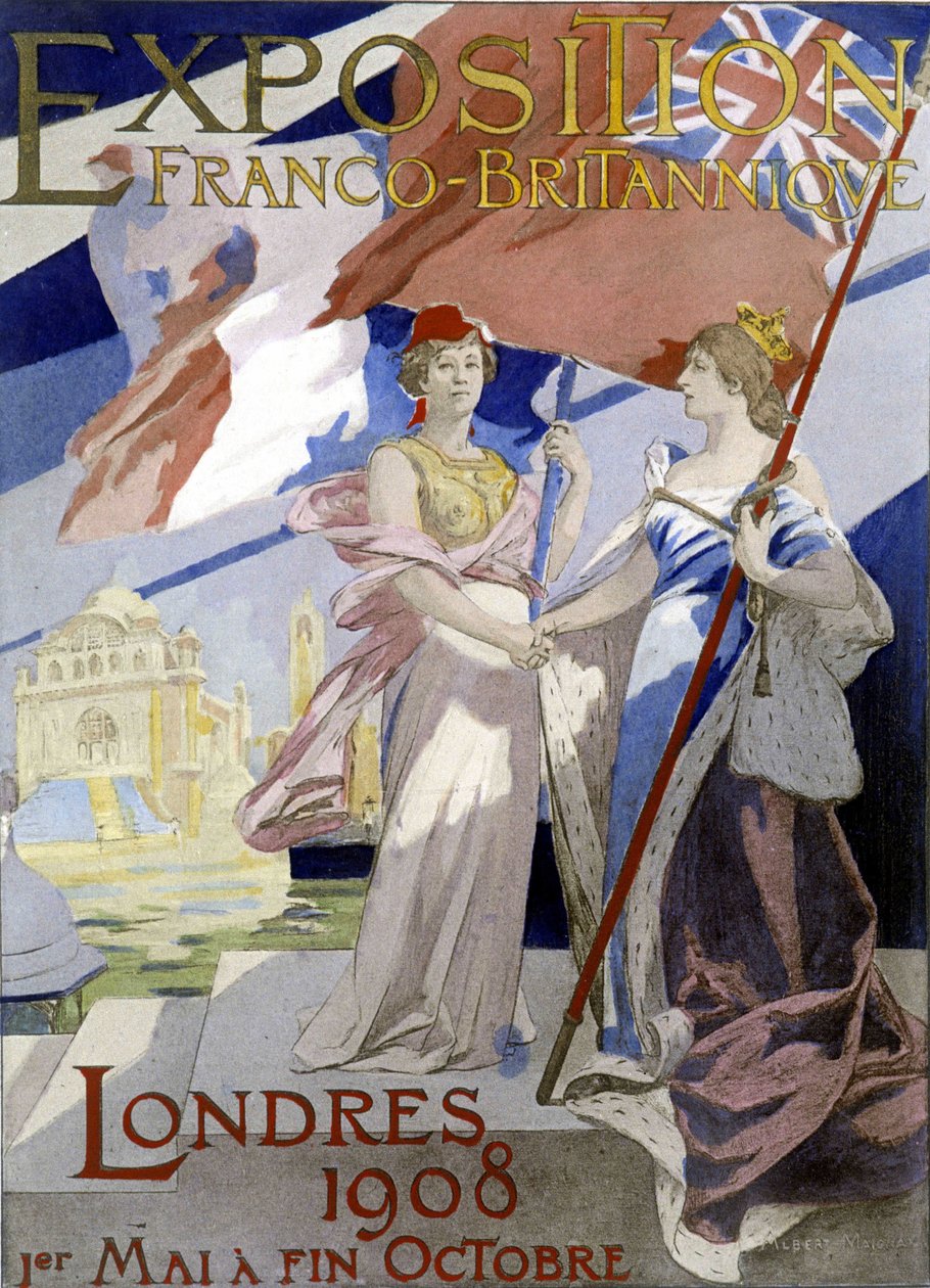 Dvě ženy, symbol Francie a Anglie, si podávají ruce. Plakát Alberta Maignana (1908) pro francouzsko-britskou výstavu v Londýně v roce 1908. od Albert Pierre Rene Maignan