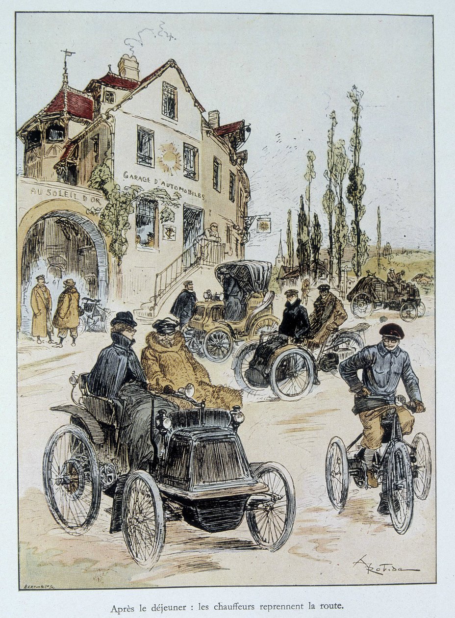 Po snídani se řidiči vracejí na silnici: začátek motorové dopravy Robida od Albert Robida