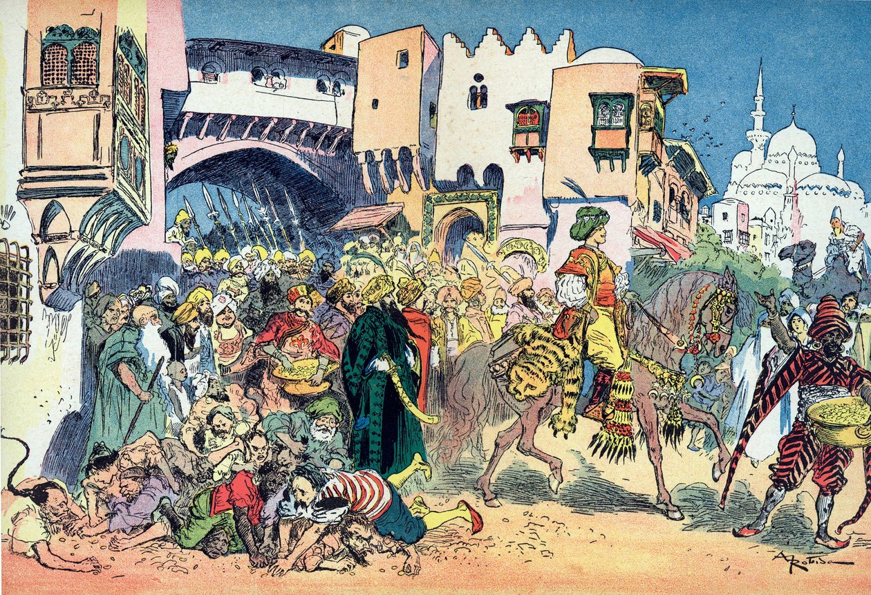 Aladin jezdící ulicemi města a hází kolem sebe peníze Ilustrace Albert Robida (1848-1926) k pohádce „Aladin a nádherná lampa“ v „“les mille et une nuits“ (ilustrace k pohádce „“Aladin“ “ v „Knize jednoho Tho od Albert Robida